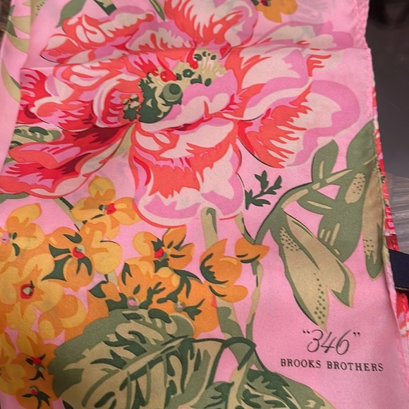 346 Brooks Brothers pink flower scraf with green and yellow accents. 55X14 size - Picture 2 of 5